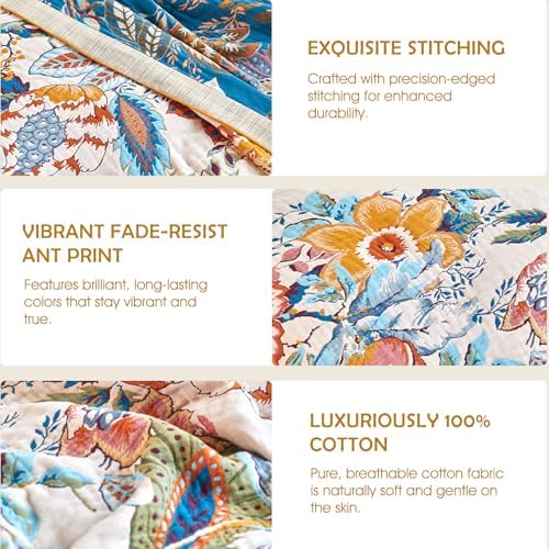 Boho Throw Blanket - 90"x108" Soft 100% Cotton Fall Quilt for Bed