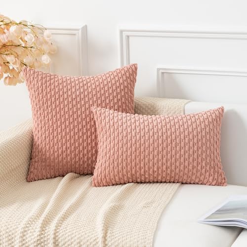 Kevin Textile Soft Corduroy 26x26 Inch Pillow Covers 2 Pack, Baby Pink