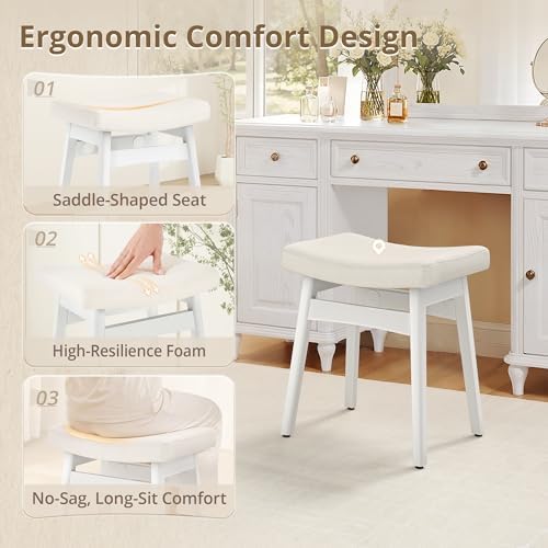 LUE BONA Vanity Saddle Stool with Wood Legs, Modern Vanity Chair for Makeup