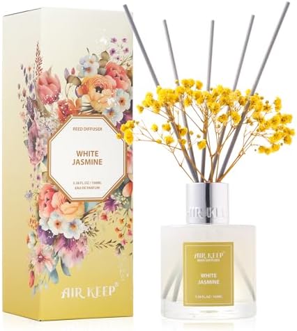 Airkeep Reed Diffuser Set,3.38 fl oz (100 ml) - White Jasmine Oil Diffusers with 8 Reed Sticks, Home Fragrance Reed Diffuser for Bathroom Shelf Decor