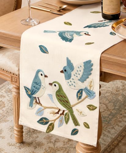Miss Adola Embroidered Canvas Table Runner 13"x72", Bird Harmony