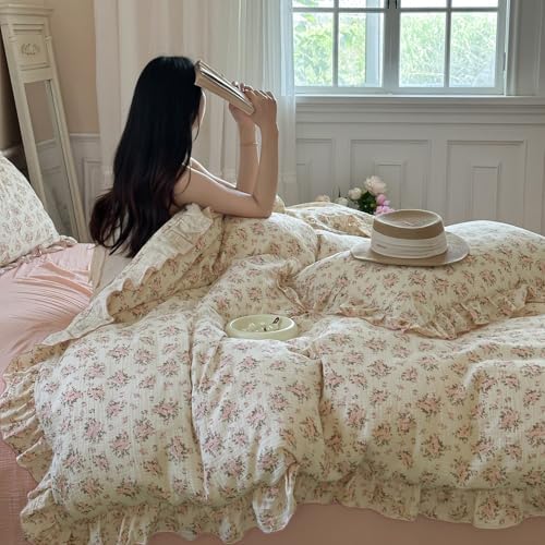 Vintage Flower Duvet Cover Set Muslin Cotton Full(80"x90"),Pink Floral