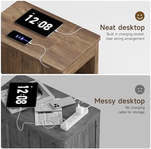 ONBRILL Rustic End Table with Charging Station, Narrow Side Table, Brown
