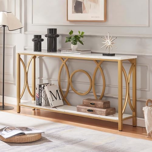 Entryway Narrow Console Table, 55 Inch Long Gold Sofa Table, White Marble