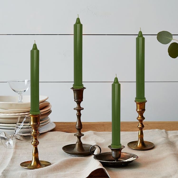 NJAO HOO Olive Green Taper Candle 8 Inch Christmas Candlesticks Unscented Dripless Handmade Candles for Home Decor Dinner New Year Party, 4 Pack