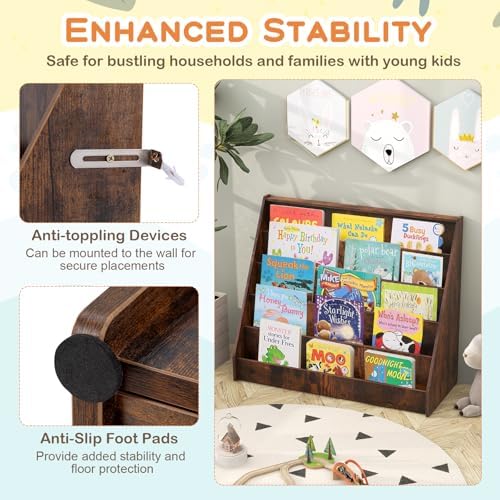 Costzon 5-Tier Kids Bookshelf, Wooden Children Bookcase, Toddler Book Rack, Magazine Storage & Display Shelf, Book Shelf for Kids Room, Living Room, Nursery, Classroom (Brown)