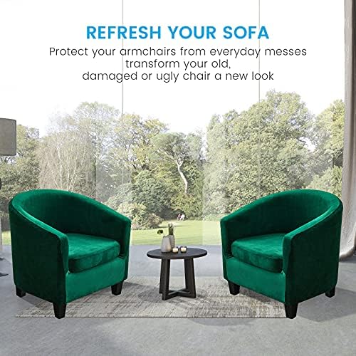 MIFXIN 2 Pieces Velvet Tub Chair Covers with Cushion Cover Stretch Soft Removable Tub Chair Slipcovers Armchair Sofa Couch Furniture Protector Cover for Living Room Club Bar Counter (Green)