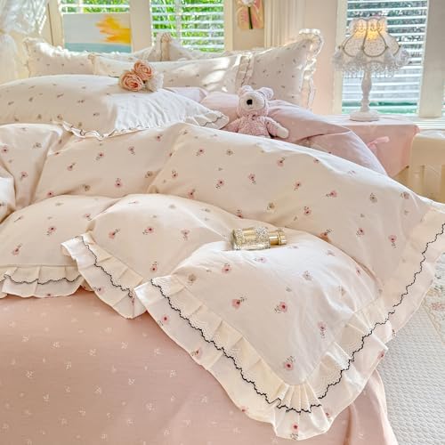 mixinni Shabby Chic Tiny Pink Floral Duvet Cover Full, 100% Cotton Reversible Bedding with Double Ruffle Black Lace Trim, Vintage Farmhouse Princess Comforter Cover with Zipper & Corner Ties