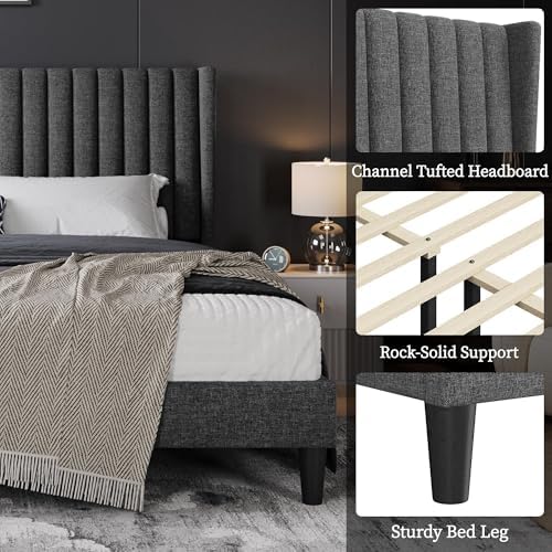 Yaheetech King Bed Frame with Headboard, Dark Gray Channel-Tufted Platform