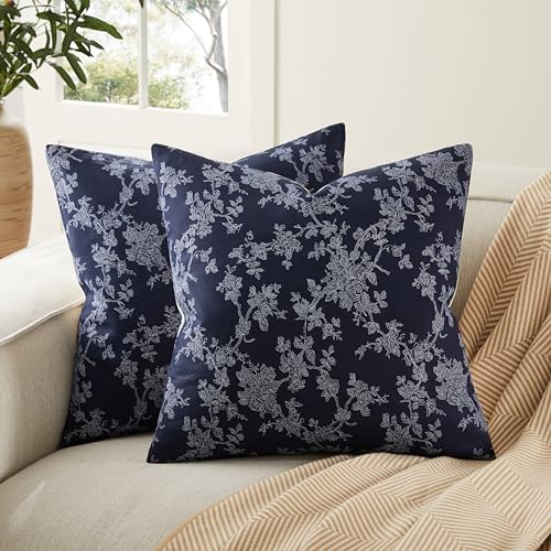 100% Cotton French Pastoral Throw Pillow Covers Set of 2, 22x22 Inch Background/Blue Farmhouse Decorative Cushion Covers for Sofa Bed Living Room Home Decor