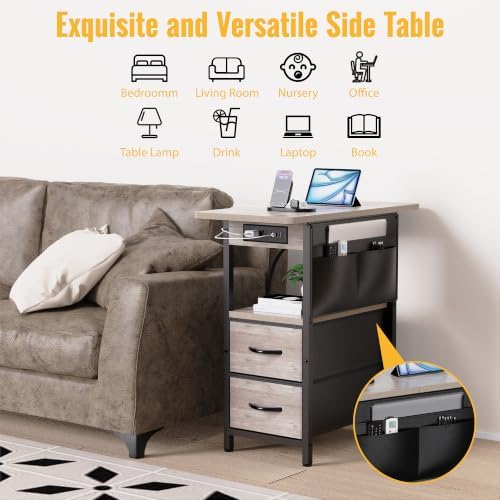 Yenlure Small Side Table with Charging Station, Narrow Nightstand Bedside Tables with Storage Pocket for Living Room Bedroom, Sofa End Table with USB Ports and Power Outlets for Small Spaces, Greige
