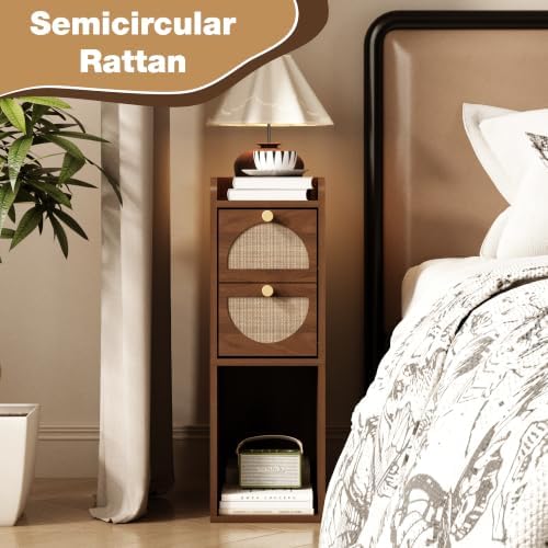 Narrow Nightstand (Rattan & Wood) - Small Bedside Table with 2 Drawers, Open Shelf, Mid Century Modern End Table - for Bedroom, Living Room & Small Spaces, Walnut