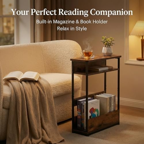 YEAKOO Narrow Side Table,3-Tier End Table with Storage Shelf,Modern Sofa Table Thin Side Table for Narrow and Small Spaces, Skinny Bedside Table Small Nightstand with Magazine Rack Space Saving/Brown