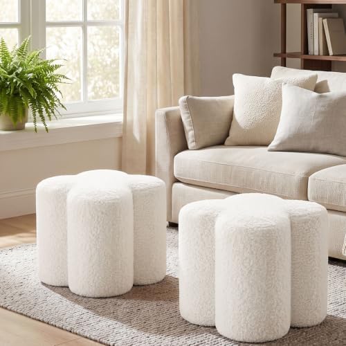 White Sherpa Ottoman Set of 2, Small Vanity Stool, Modern Footstool