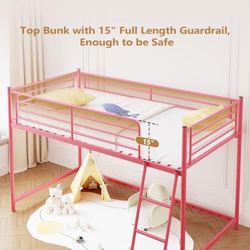 JOYMOR Low Loft Bed with Inclined Ladder, Metal Twin Size Bed Frame with 15” High Guardrail for Boys Girls, Junior, Space Saving, Mattress Not Included (Pink)
