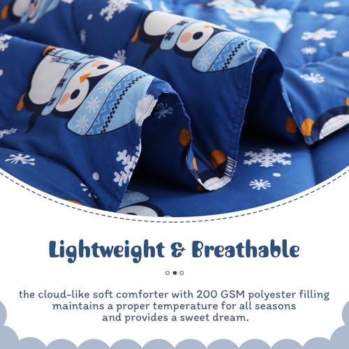 JSD 3 Piece Blue Penguin Snowflakes Kids Christmas Comforter Set Full Size