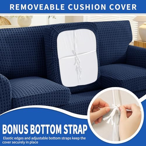 MAXIJIN 4 Pieces Stretch Couch Covers for 3 Cushion Sofa Pet Friendly Couch Cover for Dogs Washable Sofa Slipcovers Thick Soft Furniture Protector with Non Slip Strap (Navy Blue, 71"-91")