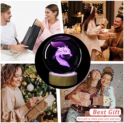 3D Axolotl Crystal Ball Night Light with 16 Color LED Wooden Base, Premium 2.4 Inch Axolotl Glass Ball Lamps with Remote for Birthday Holiday, Cool Axolotl Toy Decor Gifts for Boys Girls Kids