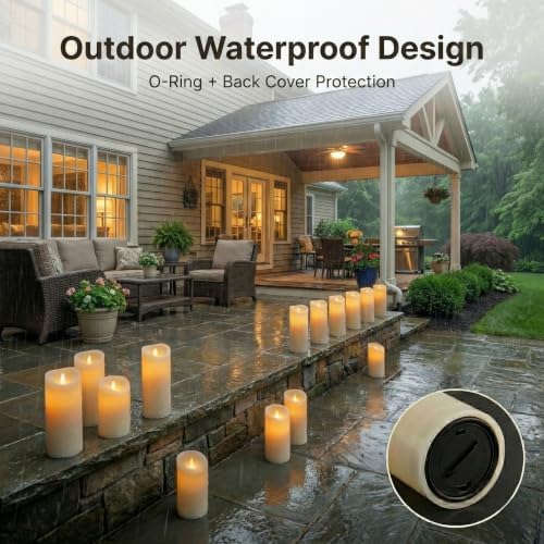 Enido Waterproof Flameless Candles, Set of 12 Battery Operated LED Pillar Candles with 2 Remote Controls & Timer, Flickering Indoor Outdoor Candles for Halloween, Wedding, Home Decor, 4''5''6''