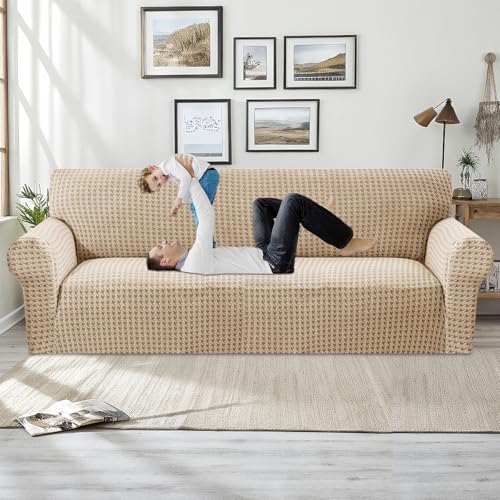 MAXIJIN Stretch Extra Large Couch Cover Sofa Covers (91"-110" Oversized Sofa Slipcovers with Non-Slip Foam & Elastic Strap, Dog Cat Pet Friendly Furniture Protector (X-Large, Khaki)