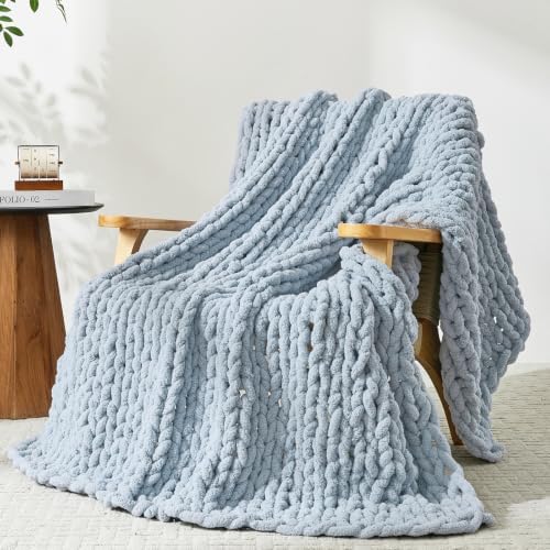 Bigacogo Chunky Knit Throw Blanket for Couch, 40x60 inches, Fog Blue