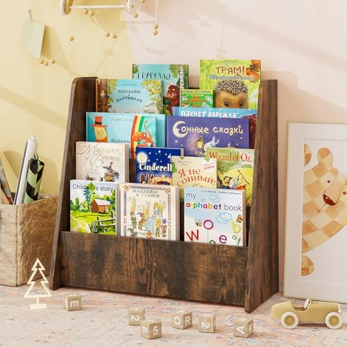 Costzon 5-Tier Kids Bookshelf, Wooden Children Bookcase, Toddler Book Rack, Magazine Storage & Display Shelf, Book Shelf for Kids Room, Living Room, Nursery, Classroom (Brown, 4 Tier)