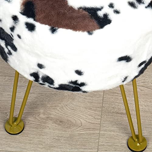 Cow Print Faux Fur Ottoman 13"x13"x17" Soft Fuzzy Entryway Bench Seat Round Sturdy Accent Ottoman Dorm Living Room Couch Vanity Shoe Stool Bedroom Closet Foot Rest with Golden Legs