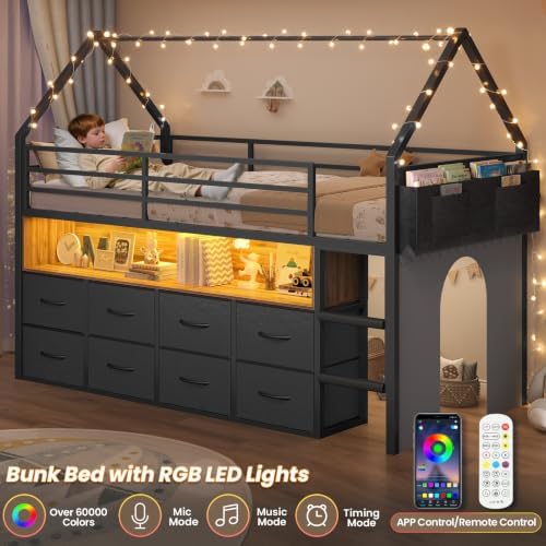 Low Loft Bed Twin Size with 8 Storage Drawers, LED House Loft Bed