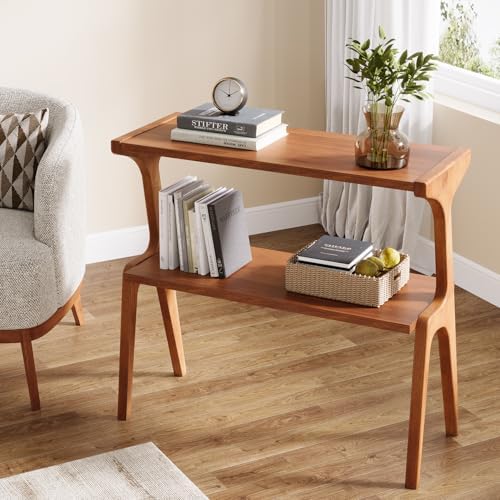 Tribesigns Set of 2 Solid Wood End Table, 2-Tier Mid-Century Modern Side Table with Storage Shelf, Tall Slim Side Table for Couch with Unique Legs, Long Bedside Table for Bedroom, Living Room, Cherry