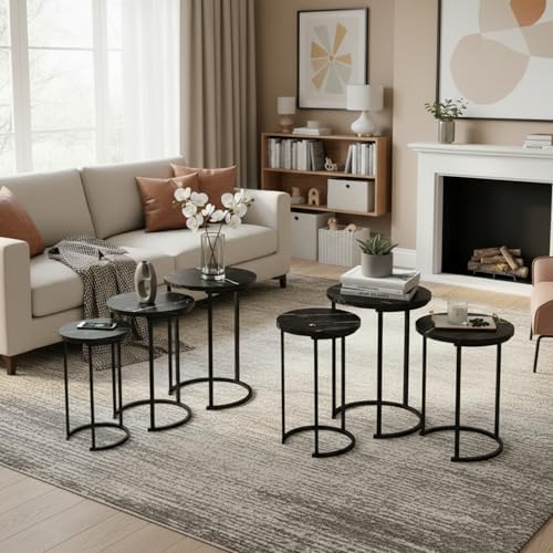 Lavish Home Round Nesting Tables Set of 6, Faux Marble Tabletop, Black