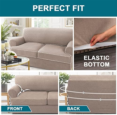 Turquoize 3 Piece T Cushion Sofa Slipcovers Stretch Couch Cover Furniture Covers with 2 Individual T Cushion Covers, Machine Washable (2 Cushion Sofa, Sand)