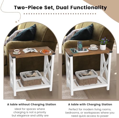 Hadulcet Farmhouse End Tables Living Room Set of 2, Narrow Side Table with Charging Station, Slim Nightstand for Small Space, Skinny Bedside Table, Sofa Side Table with Storage Shelf, White & Brown