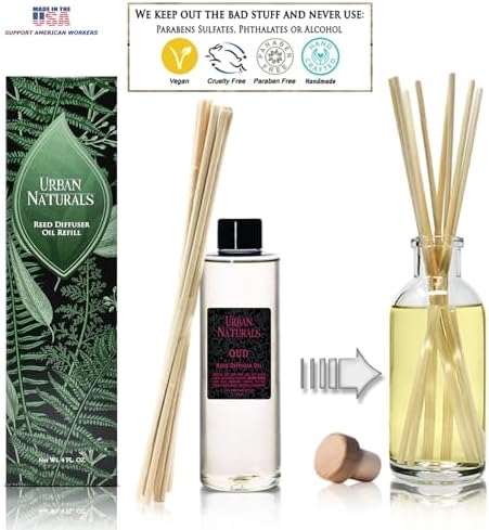 Urban Naturals Reed Diffuser Oil Refill, Oud Diffuser Oil with Raspberry, Warm Amber, Bergamot, 4 oz + Free Reed Sticks, Made in the USA