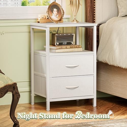 Huuger Night Stand Set of 2, Nightstand with 2 Drawers, Bed Side Table with Open Shelf, Wooden Top, End Table, PU Leather Fabric Drawer Surface, for Bedroom, White