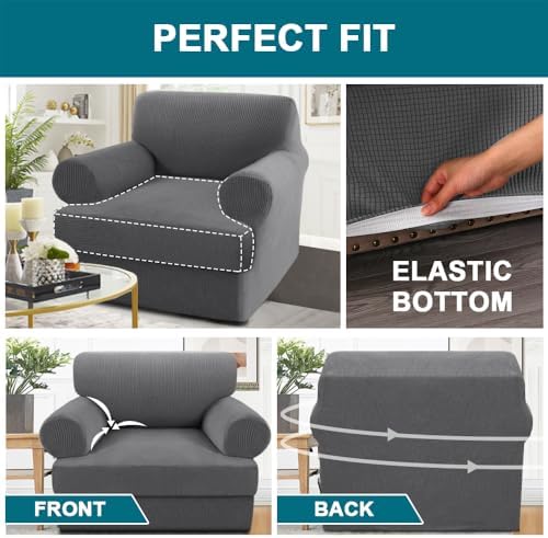 Turquoize T Cushion Chair Slipcover Armchair Slipcover for Living Room Stretch Sofa Couch Cover Soft Armchair Cover Washable Furniture Covers with Individual T Cushion Seat Covers (Chair, Gray)