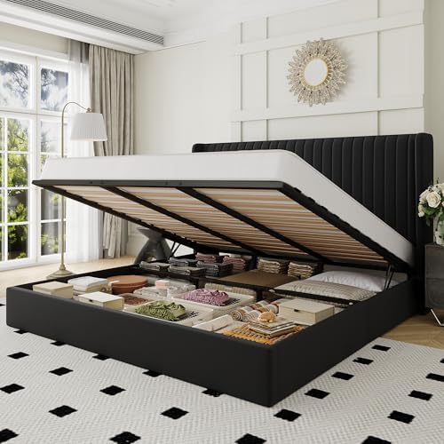 Allewie King Size Lift Up Storage Bed Frame Channel Tufted Headboard Black