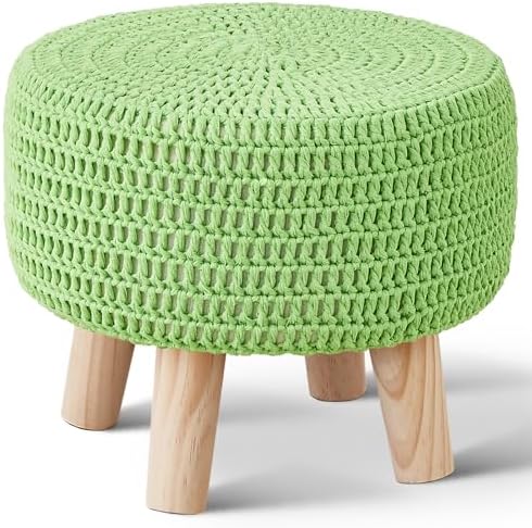 13" Round Handmade Cotton Knitted Boho Small Ottoman with Non-Skid Wood Leg