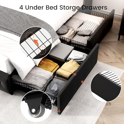LARMACE Full Size Bed Frame with 4 Storage Drawers and Wingback Headboard Velvet Upholstered Platform Bed Frame Tufted Beds with Wooden Slats Support, Easy Assembly, Black