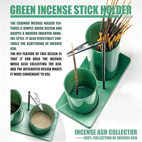 2 in 1 Incense Holder for Sticks Incense Burner Holder with Storage,Glass Upside Down Incense Holder for Sticks with Glass Ash Catcher for Meditation Yoga Spa Room Home Decor[Full Green]