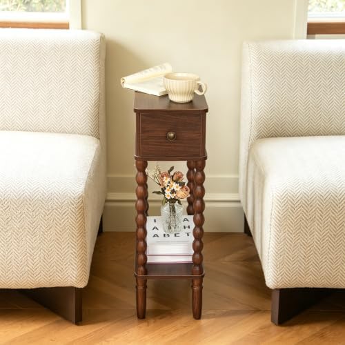 Fultyle Small Narrow Side Table, Skinny Nightstand with Drawer and Shelf