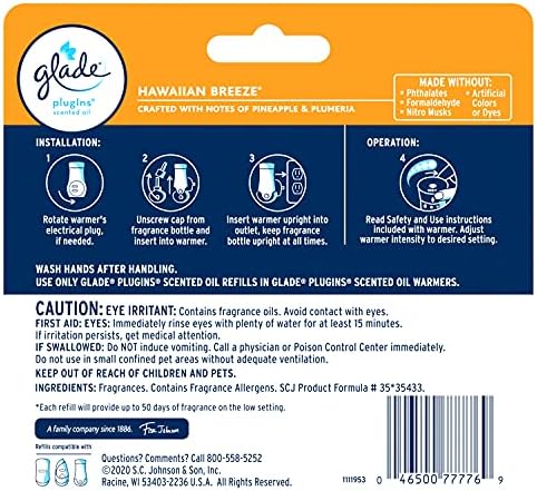 Glade PlugIns Refills Air Freshener, Scented and Essential Oils for Home and Bathroom, Hawaiian Breeze, 3.35 Fl Oz, 5 Count (Pack of 5)