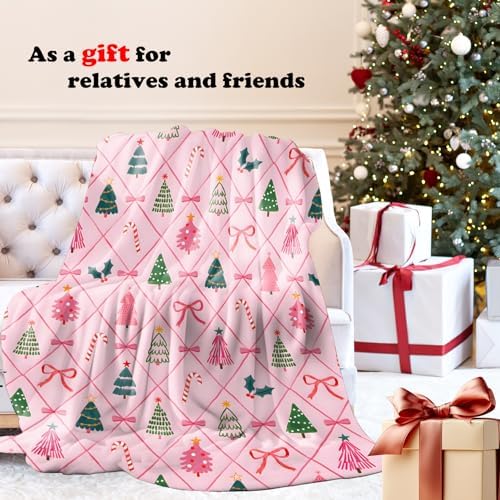 Coquette Pink Bow Christmas Throw Blanket for Couch, Preppy Christmas Decor, Pink Girly Xmas Tree Candy Cane Throw Blanket for Girls Bedroom Living Room Decoration, 50x60 Inches