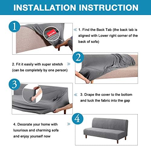 Flamingo P Stretch Armless Futon Covers Full Queen Futon Couch Covers Slipcover Futon Sofa Cover Futon Bed Cover Furniture Protector Covers with Elastic Bottom, Checked Pattern Jacquard, Charcoal Gray
