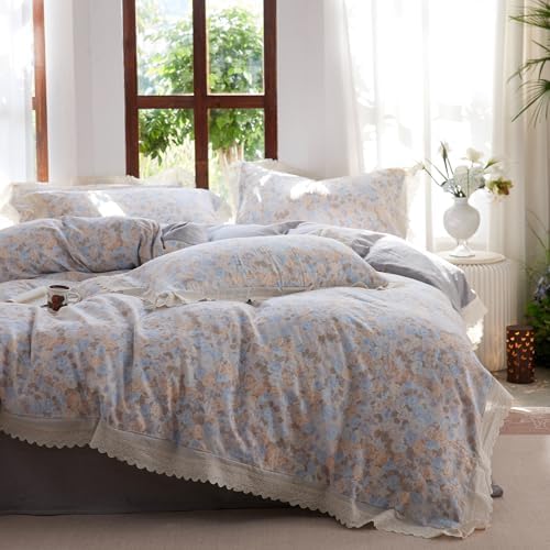 LifeTB Vintage Floral Duvet Cover Set King, 3 Pieces Romantic Ruffle Lace Bedding Set, Soft Cotton Muslin Duvet Cover with 2 Pillowcases, Botanical Flower Breathable Gauze Comforter Cover King