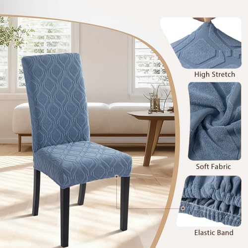 SearchI Dining Room Chair Covers Set of 6, Stretch Jacquard Parsons Chair Slipcovers Spandex Removable Washable Kitchen Chair Protector Cover for Dining Room, Hotel, Ceremony (Gray-Blue Geometric)
