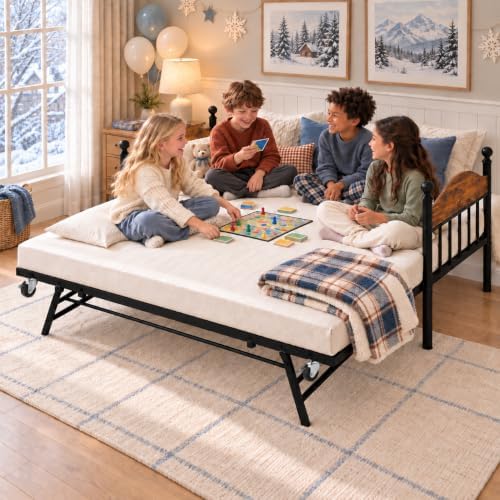 Daybed with Trundle, Metal Twin Size Day Bed with Stylish Headboard, Sofa BedFrame with Pop Up Foldable Trundle Bed, Heavy Duty Steel Slats Platform for Living Room, Bedroom and Guest Room, Brown