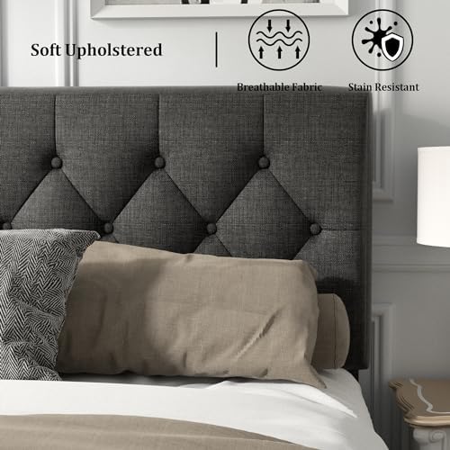HAOARA Queen Size Platform Bed Frame with Upholstered Button Tufted Headboard, Mattress Foundation with Wooden Slat Support, Noise Free, No Box Spring Needed, Easy Assembly, Dark Grey
