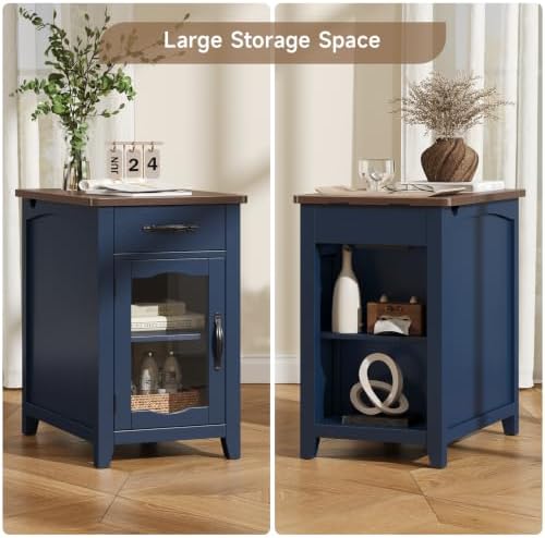 ONBRILL Rustic End Table with Charging Station, Narrow Side Table, Blue