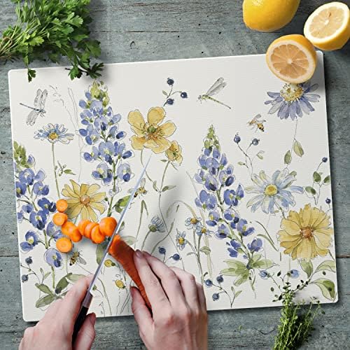 CounterArt Lovely Blue Florals 3mm Tempered Glass Cutting Board 15" x 12"