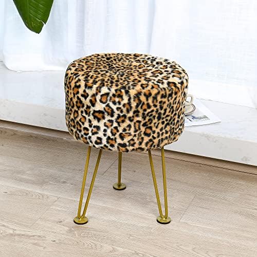 Leopard Print Round Ottoman 13"x13"x17" Faux Fur Entryway Bench Footrest Stool Accent Seating Cheetah Furry Ottoman Bedroom Vanity End of Bed for Bathroom Living Room Decor